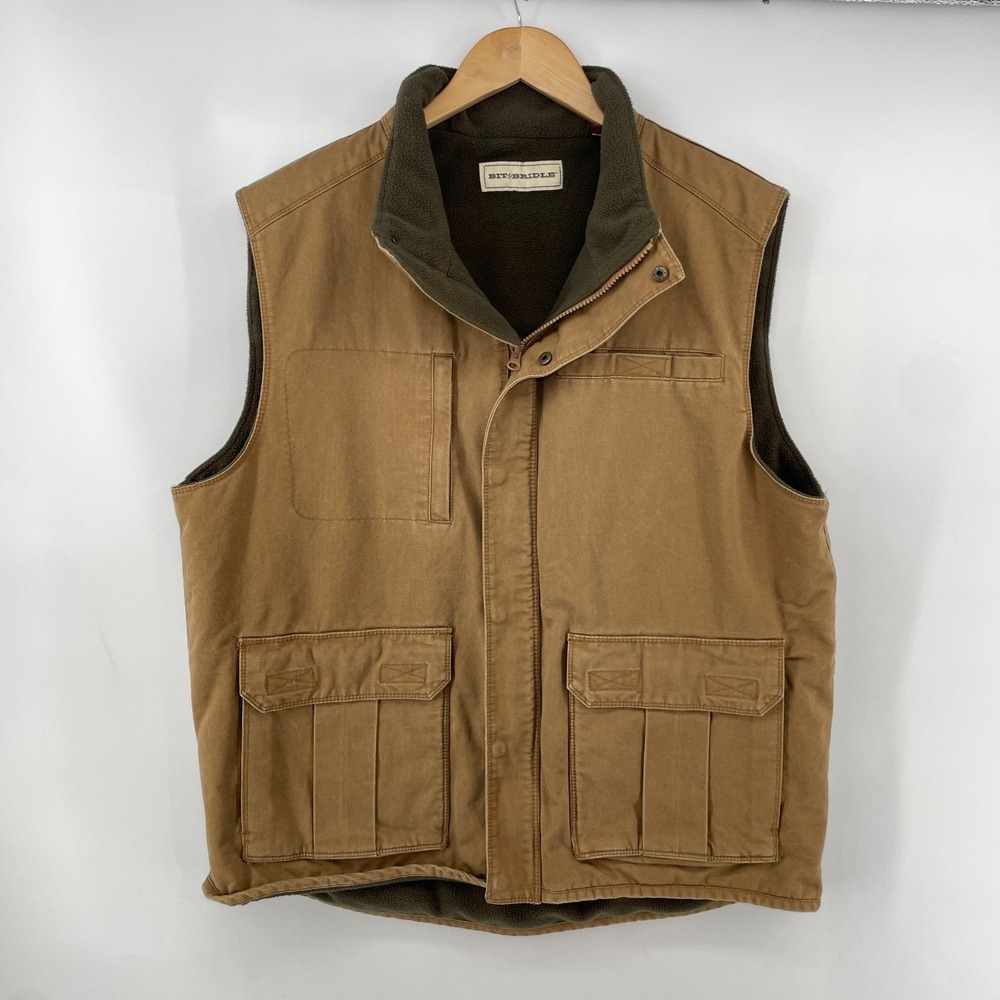 Bit & Bridle Men L Canvas Workwear Vest Fleece Lined Utility Cargo Brown Western